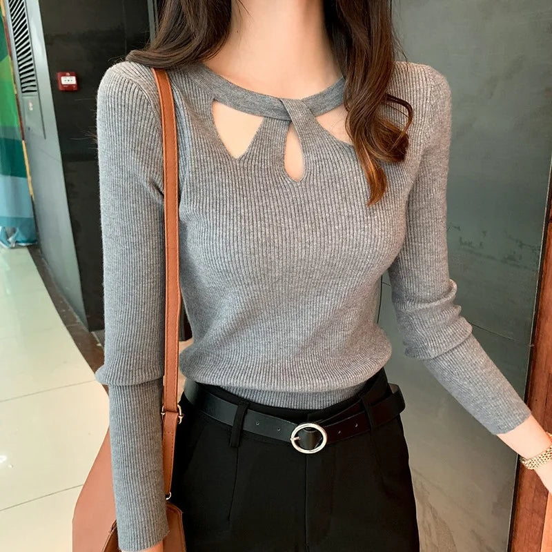 2026 Women's O-neck Stretch Sexy Pullover Lady Spring Autumn Hollow Solid Color Sweater Slim Bottoming Shirt Jumper Sueter - Matrix Studios