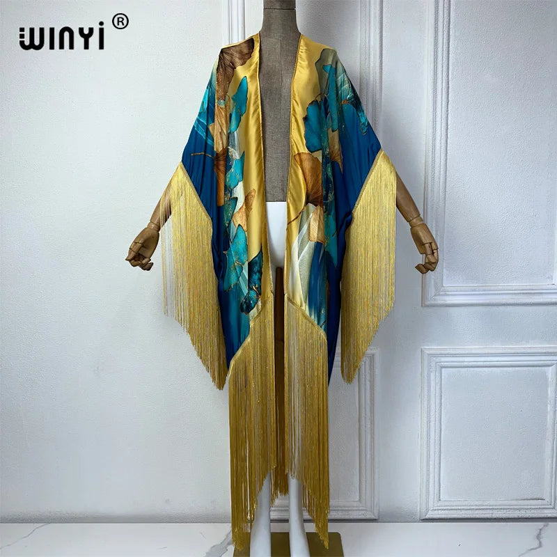 WINYI Kimono Cover-ups Summer Boho Print Bikini Cover-up Elegant Fashion Cardigan Sexy Holiday Long Sleeve Tassels Maxi Dress - Matrix Studios