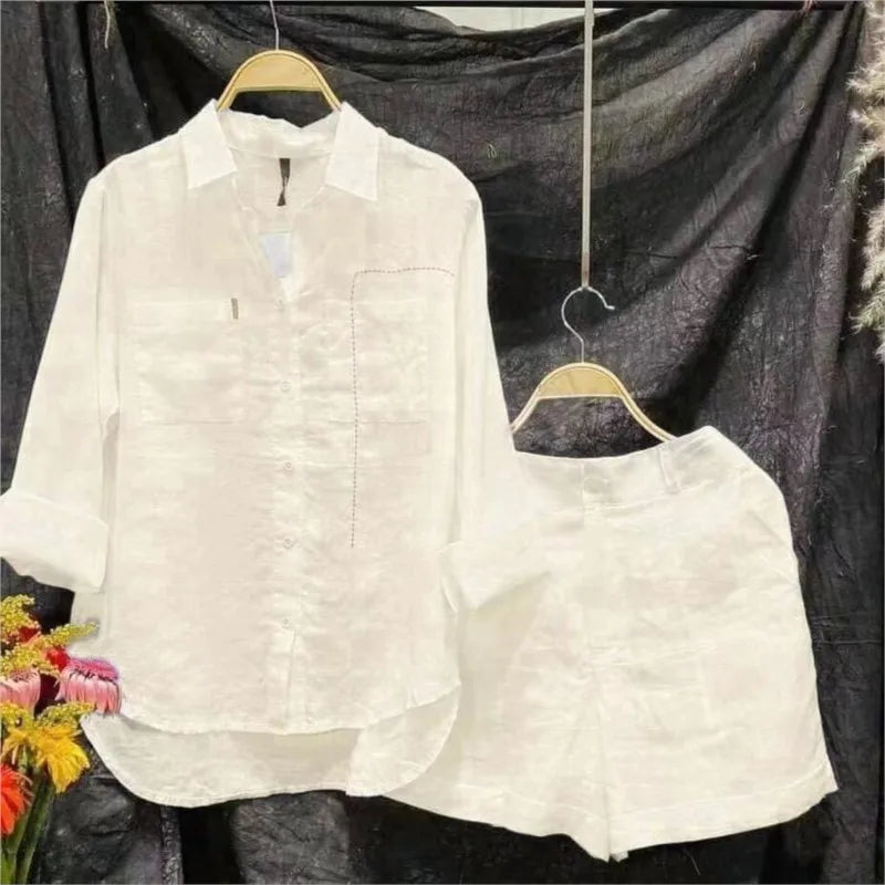 Summer Cotton Linen Casual Home 2 Piece Set For Women 2024 Fashion White Long Sleeve Shirt And Shorts Two Piece Sets Tracksuit - Matrix-studios.com