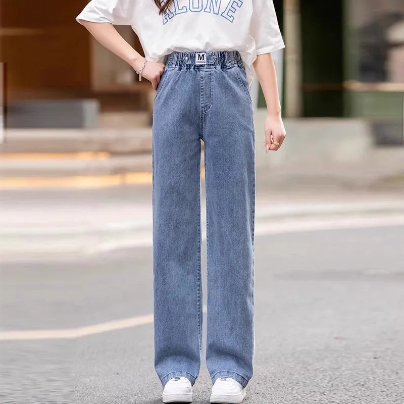 Loose Fit High Waist Wide Leg Jeans Women plus Size Light Blue Elastic Waist Dstring Trousers Autumn Faion plus Size - Matrix-studios.com