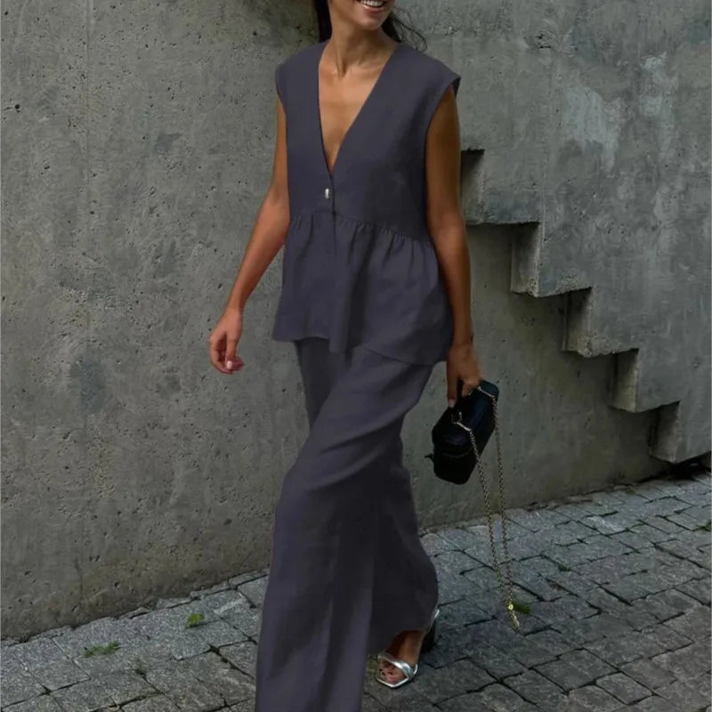 Fashion Women's Trouser Suits Sleeveless V-Neck Top Women Casual Straight Pants Sets Summer Women's Suit Commuter 2 Piece Set - Matrix-studios.com