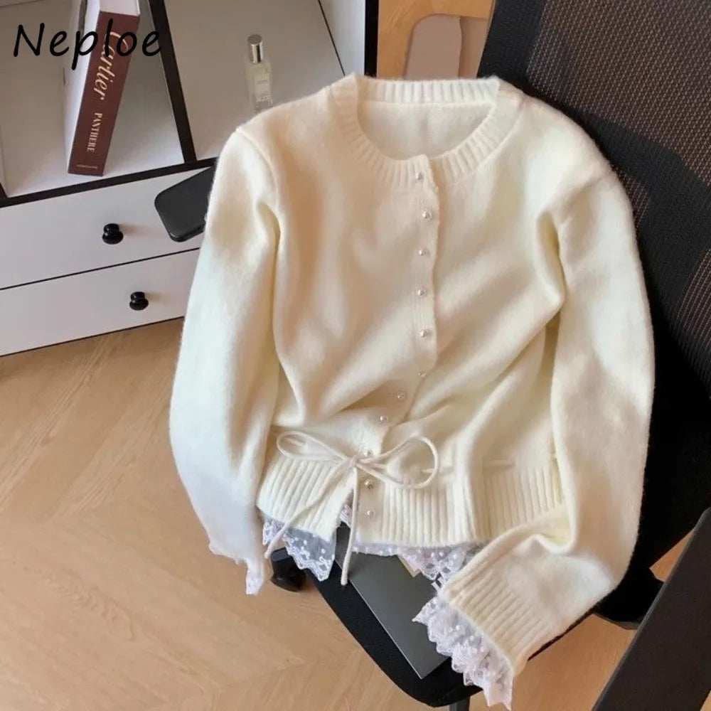 Neploe Simple Office Lady Lace Up Patchwork Cardigan Korea Chic Age Reduction Sweet Lace Jumper Slim Waist Lace Up All-match Top - Matrix Studios