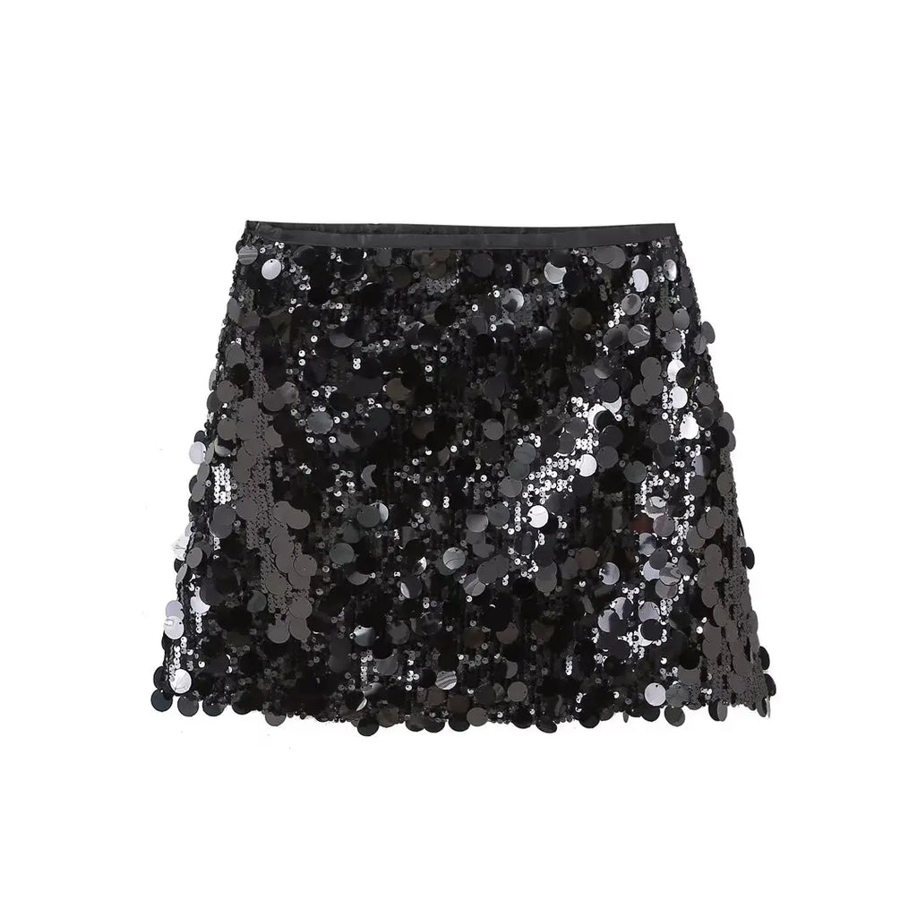 Willshela Women Fashion With Sequined Solid Side Zipper Mini Skirt Vintage High Waist Female Chic Lady Skirts - Matrix-studios.com