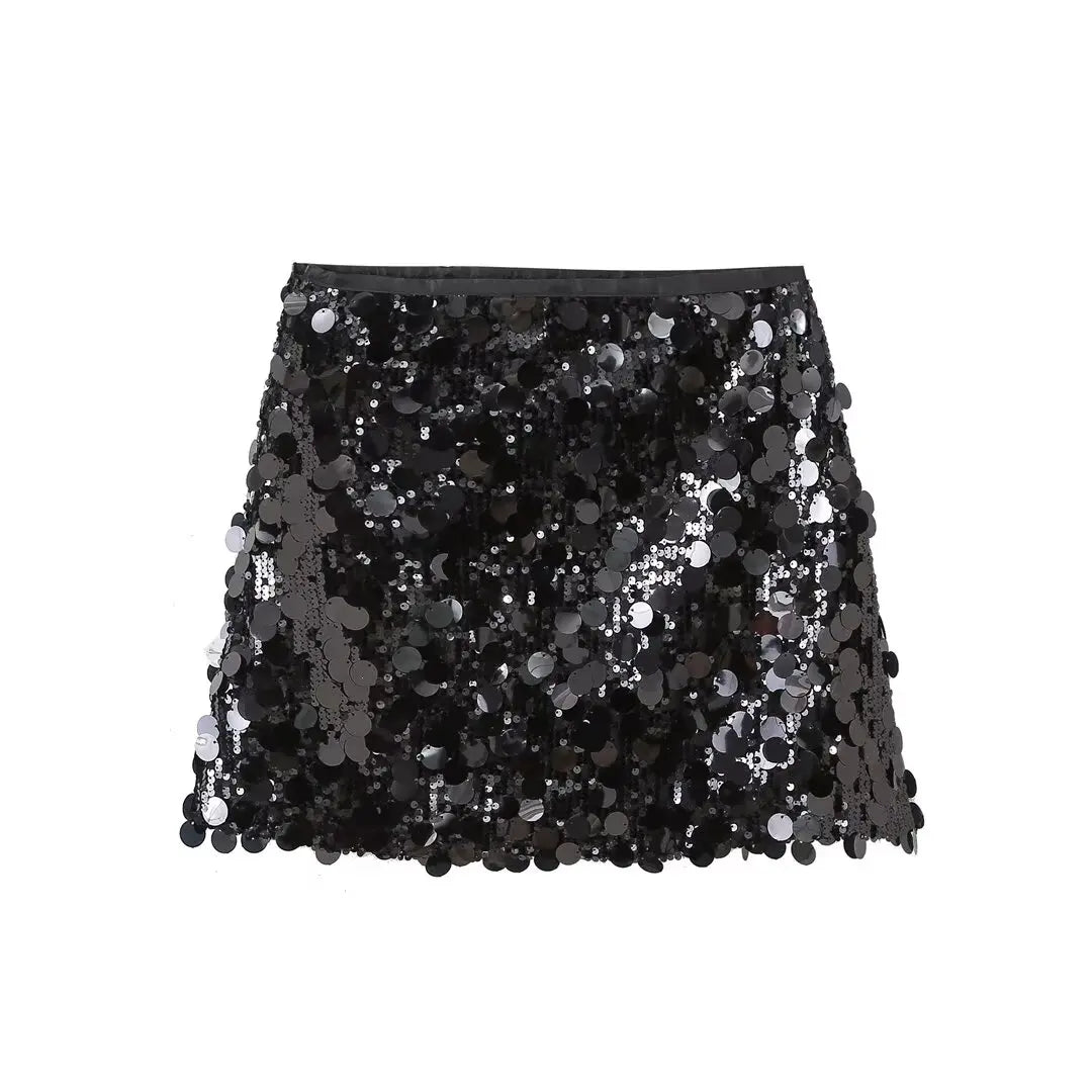 Willshela Women Fashion With Sequined Solid Side Zipper Mini Skirt Vintage High Waist Female Chic Lady Skirts - Matrix-studios.com