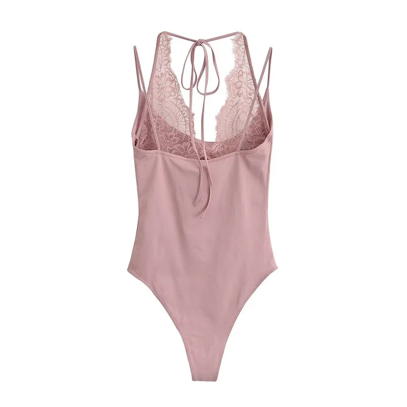 Women's Jumpsuit 2026 Spring New Solid Color Halter Neck Lace Splice Sexy Slim-Fit Romper Personalized Fashion - Matrix Studios