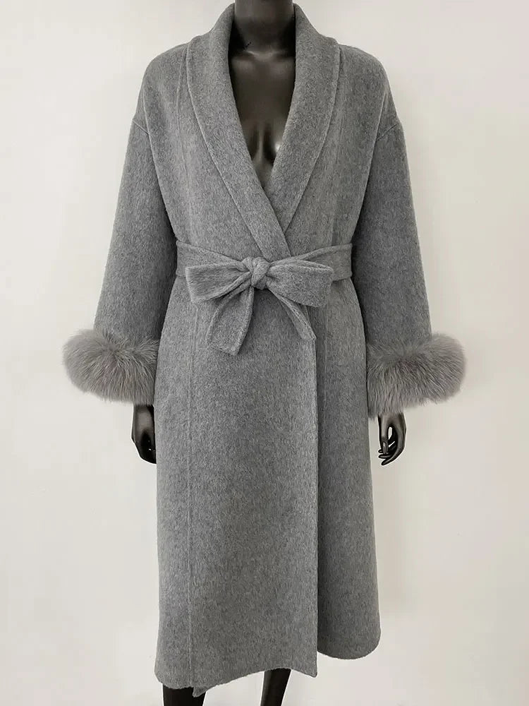 OFTBUY Oversize Loose Autumn Winter Women Coat Real Natural Fox Fur V-neck Woolen Blends Jacket Thick Warm Casual New Overwears - Matrix Studios