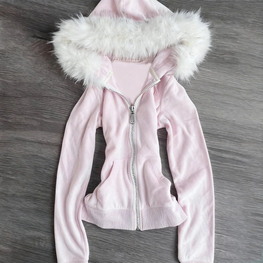 Millennial Y2K Vintage Spice Girl Slim Waist Pink Zipper Hooded Hoodie Jacket Female Autumn/Winter Design Sense Woolly Hat - Matrix Studios