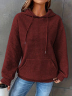 Women Short Length Waffle Knit Hoodie Solid Black Drawstring Pullover Sweatshirt Front Kangaroo Pocket Long Sleeve Casual Tops - Matrix Studios