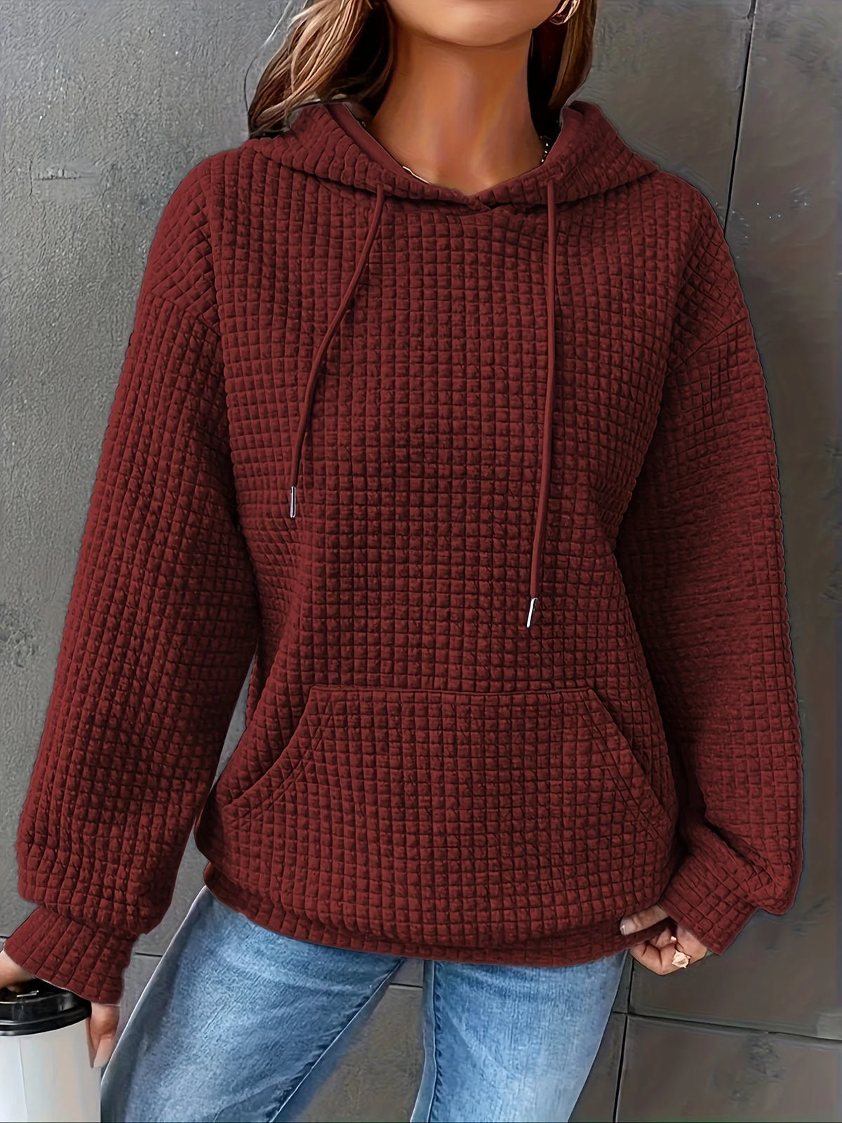Women Short Length Waffle Knit Hoodie Solid Black Drawstring Pullover Sweatshirt Front Kangaroo Pocket Long Sleeve Casual Tops - Matrix Studios