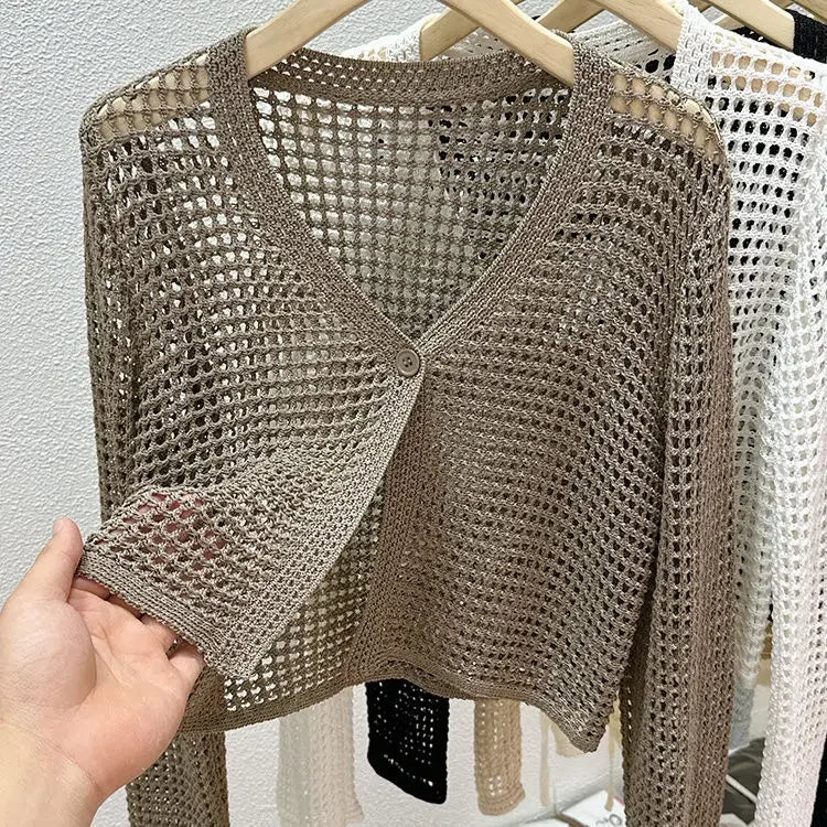 Single Button Crochet Mesh Cardigan for Women Semi Sheer Openwork Sunscreen Jacket Cover Up Summer Hollow-out Knitted Cardigan - Matrix Studios