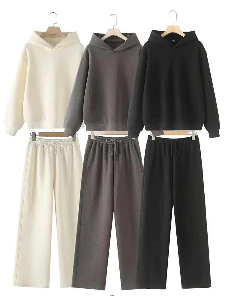 HH Women Solid Casual Sweatshirt Pant Suit Long Sleeve Hooded Fleece Pullover Coat Loose Straight Trousers Office Lady Sets - Matrix-studios.com