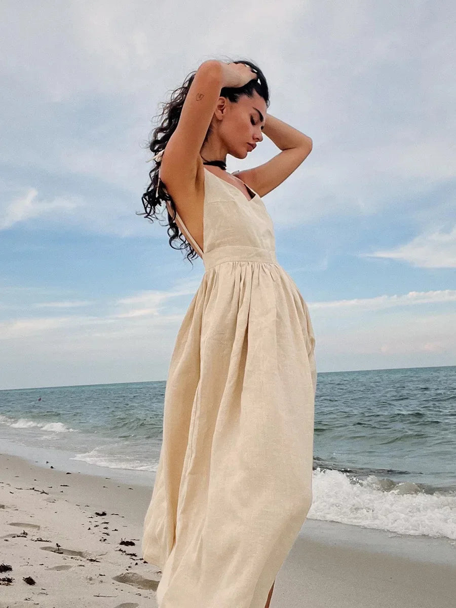 Bornladies Spring Summer Beach Style Women Dress Vintage Loose A-line Sling Dress Sexy Hot Girl 100% Cotton V-neck Dress - Matrix-studios.com