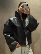 Solid Lapel Collar Waist-cinching Faux Leather Jacket Women's Hook Cut Out Split Cuffs Pu Coat 2026 Autumn Street Casual Outfits - Matrix Studios