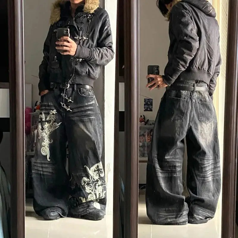 Y2K New Retro Centipede Embroidery Pattern Washed Oversized Wide-Leg Pants Street Gothic Harajuku Floor Pants For Men and Women - Matrix Studios