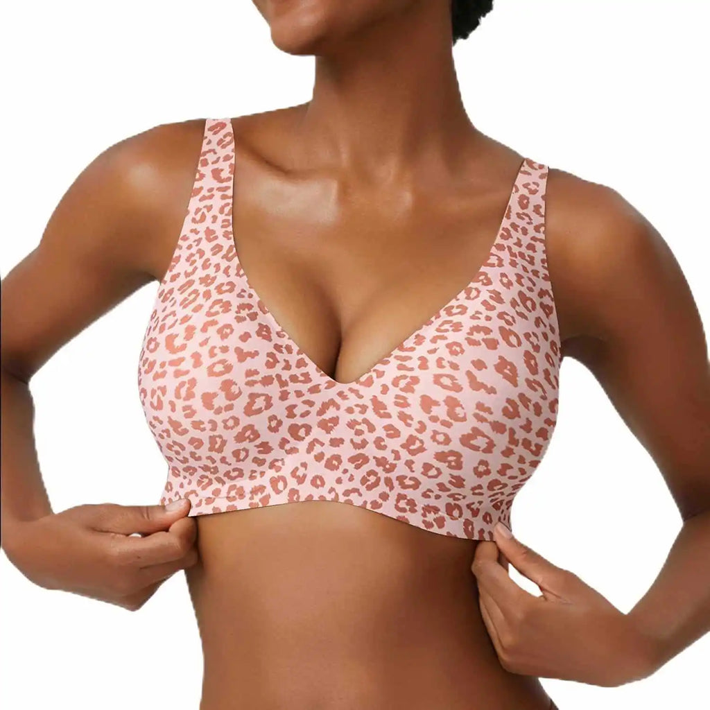 Women's Seamless Pink Leopard Print Bra Wire-Free Bra Full Cup Soft Thin Mold Support Jelly Beauty Breathable Deep V Push Up Bra - Matrix Studios