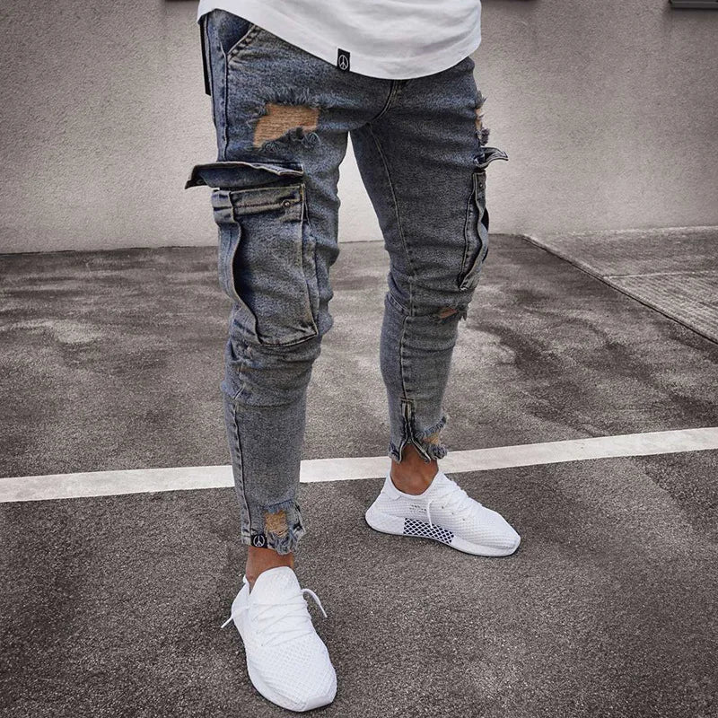 Street Elastic Jeans Men Denim Cargo Pants Wash Solid Color Multi Pockets Casual Mid Waist Trousers Slim Fit Daily Wear Joggers - Matrix Studios