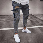 Street Elastic Jeans Men Denim Cargo Pants Wash Solid Color Multi Pockets Casual Mid Waist Trousers Slim Fit Daily Wear Joggers - Matrix Studios