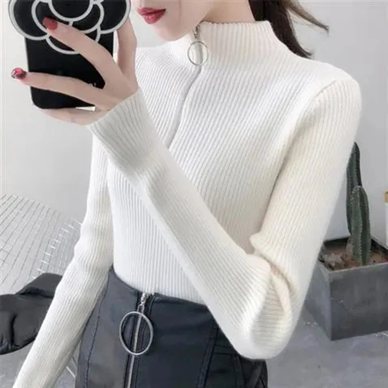 Knitted Women Zipper Half High Neck Sweater Pullovers Autumn Winter Basic Women Sweaters Slim Solid Knitwear Pull Femme Tops - Matrix-studios.com