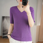 Women's Sweater Spring Summer Short Sleeve V-neck Knit Shirt Casual Korean Pullovers Stripe Bottoming Shirt Slim Fit Jumpers - Matrix Studios