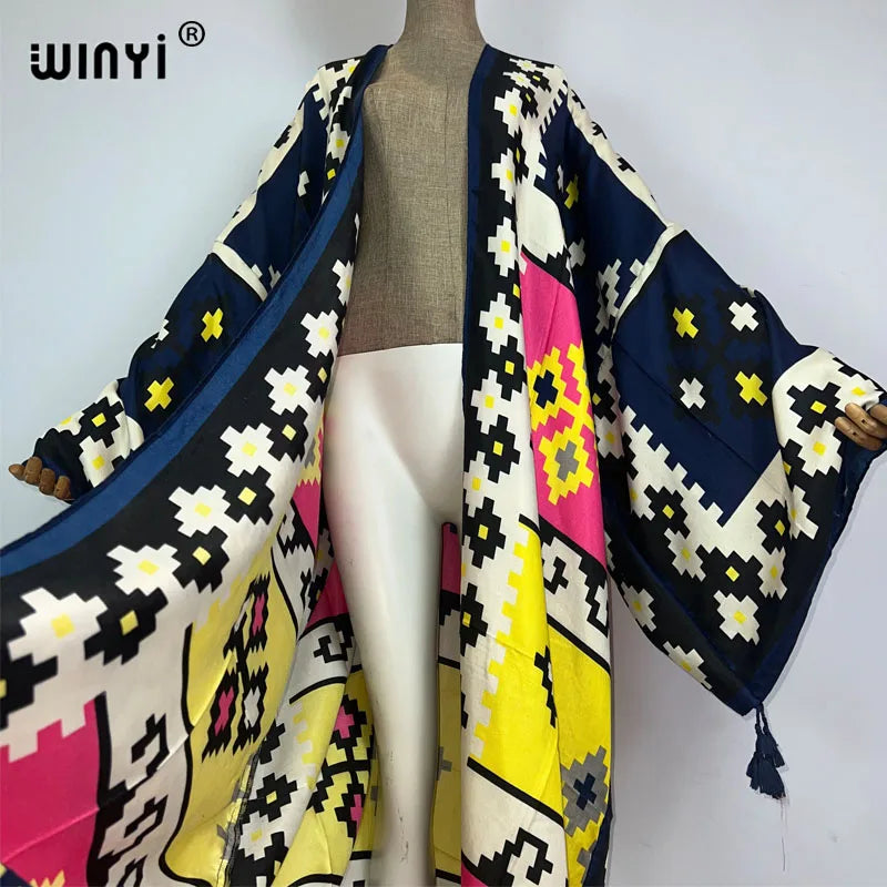 2023 WINYI New Cotton Feeling Bikini Cover-ups Bohemian Print Front Open Long Kimono Kaftan Beach Cover Ups for Swimwear Dresses - Matrix Studios