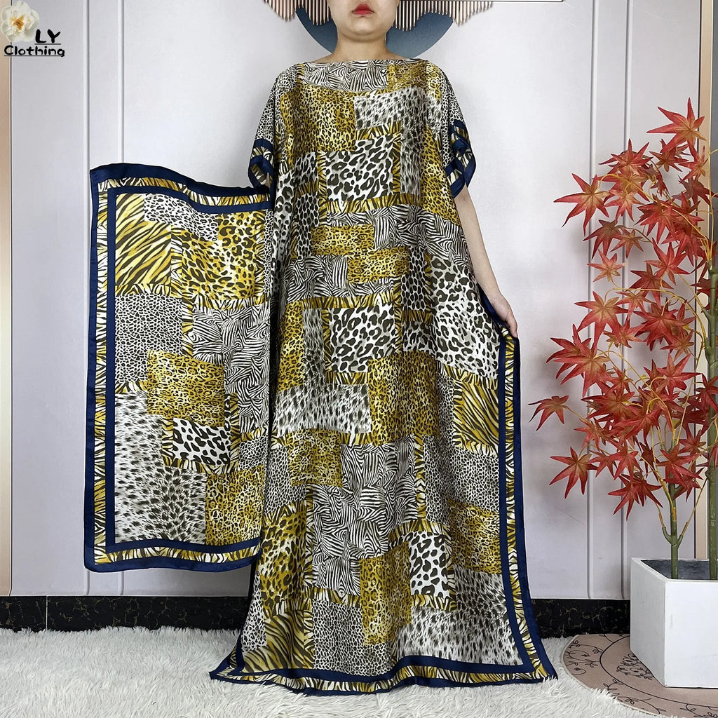 Muslim Abayas For Women 2023 New Fashion Printed Silk Soft Loose Femme Elegant Robe African Maxi Party Dresses With Belt Turban - Matrix-studios.com