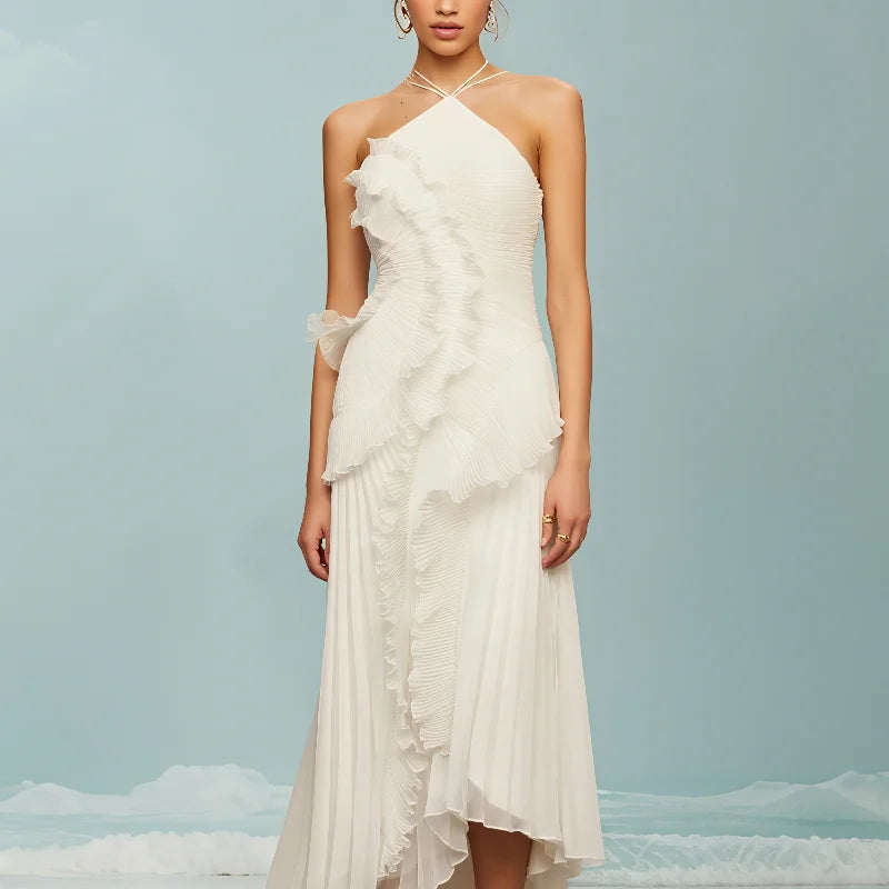Chic pleated halter neck long vacation dress high quality purple strapless Lotus Edge Maxi Dress 2026 New Lady Vacation Gowns - Matrix-studios.com