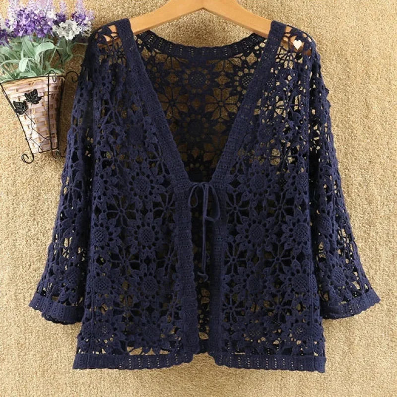Hollow Out Shawl Knitting Cardigan Women's Sun Protection Clothing Coat 2025 New Summer Loose Casual All-match Ladies Jackets - Matrix Studios