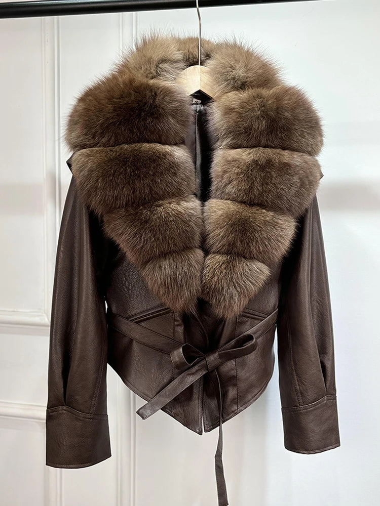 Janveny Huge Big Natural Fox Fur 2025 New Autumen Winter Pu Faux Leather Jacket Women Casual Female Lapel Zipper Motorcycle Coat - Matrix Studios