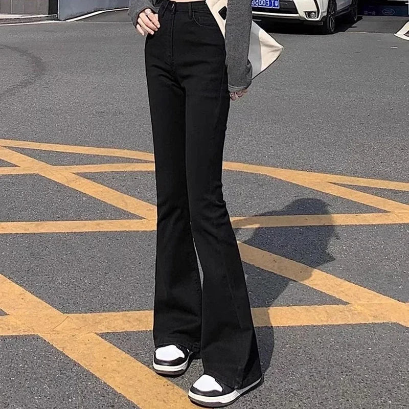 Woman American High Waist Slim Fit Bell Bottom Jeans Female Fashion Y2k Flare Pants Girls Elastic Designer Black Denim Trousers - Matrix-studios.com
