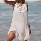 Women V-Neck Backless Hollow Out Short Dress Crochet Splicing Wooden Ear Dress With Colored Balls Beach Swimsuit Cover Up - Matrix Studios