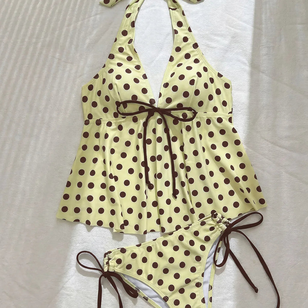 Vintage Polka Dot 2 Piece Bikinis Set Bathing Suit Tankini Halter Bikini Front Tie Flounce Tank Side Tie High Cut Pool Swimwear - Matrix-studios.com