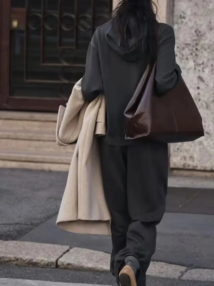 HH Women Solid Casual Sweatshirt Pant Suit Long Sleeve Hooded Fleece Pullover Coat Loose Straight Trousers Office Lady Sets - Matrix-studios.com