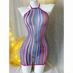 Women Rainbow Striped Cover Up Fishnet Bodycon Dress Halter Elastic Hollow Out Swimsuit Festival Beach Vacation - Matrix Studios