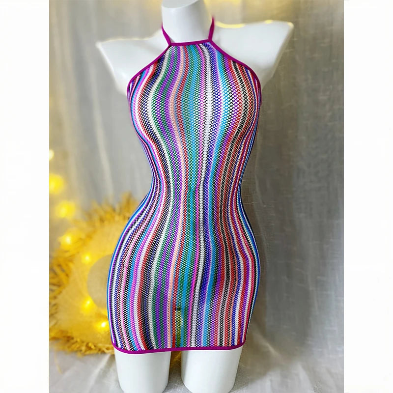 Women Rainbow Striped Cover Up Fishnet Bodycon Dress Halter Elastic Hollow Out Swimsuit Festival Beach Vacation - Matrix Studios