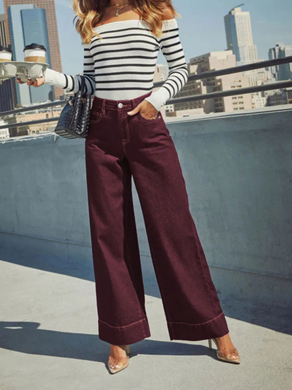 Burgundy women's high waist wide leg jeans stretch denim button placket washed jeans casual outing versatile style - Matrix-studios.com