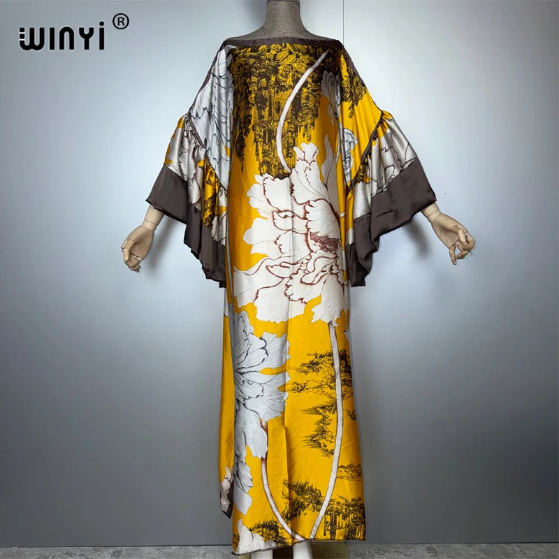 WINYI Summer Puff(ed) Sleeves Evening Dress Abaya Dubai Luxury Female Loose Print Kaftan Muslim Woman Clothing Beach Dress - Matrix-studios.com
