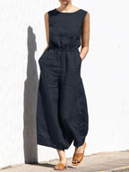 Cotton And Linen Jumpsuit Women Solid Color Sleeveless Pocket High Waist Wide Legs Jumpsuits Casual Commuting Ladies Bodysuits - Matrix Studios