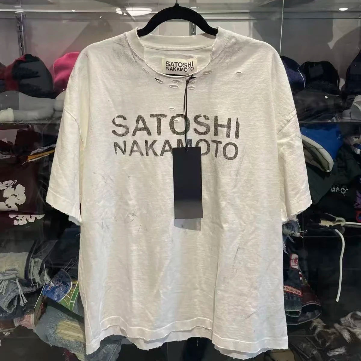 Satoshi Nakamoto T-shirt 26SS Destroyed Washed White Letter Print Vintage Ripped Short-Sleeved T Shirts Men Women Streetwear - Matrix-studios.com