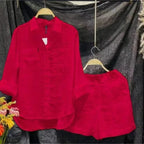 Summer Cotton Linen Casual Home 2 Piece Set For Women 2024 Fashion White Long Sleeve Shirt And Shorts Two Piece Sets Tracksuit - Matrix-studios.com