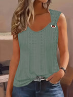Women's Eyelet Embroidery Tank Top Symmetrical Straps with Buckle V Neck Casual Sleeveless Cami Tops - Matrix-studios.com