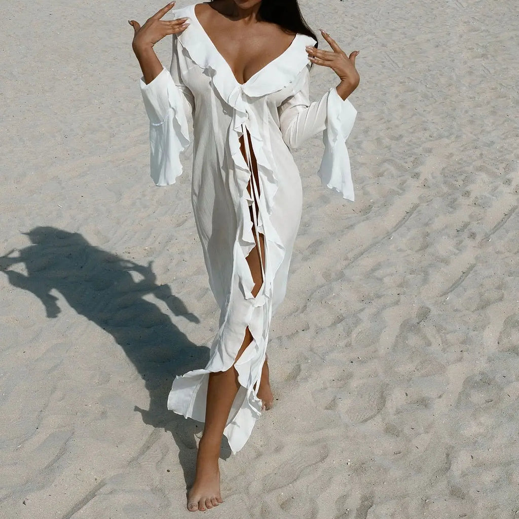 New Chiffon Tunic Beach Cover Up Cover-ups Dress Sunscreen Beachwear Womens Clothing Sexy V Neck Ruffled Long Sleeve Black White - Matrix Studios
