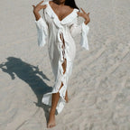 New Chiffon Tunic Beach Cover Up Cover-ups Dress Sunscreen Beachwear Womens Clothing Sexy V Neck Ruffled Long Sleeve Black White - Matrix Studios