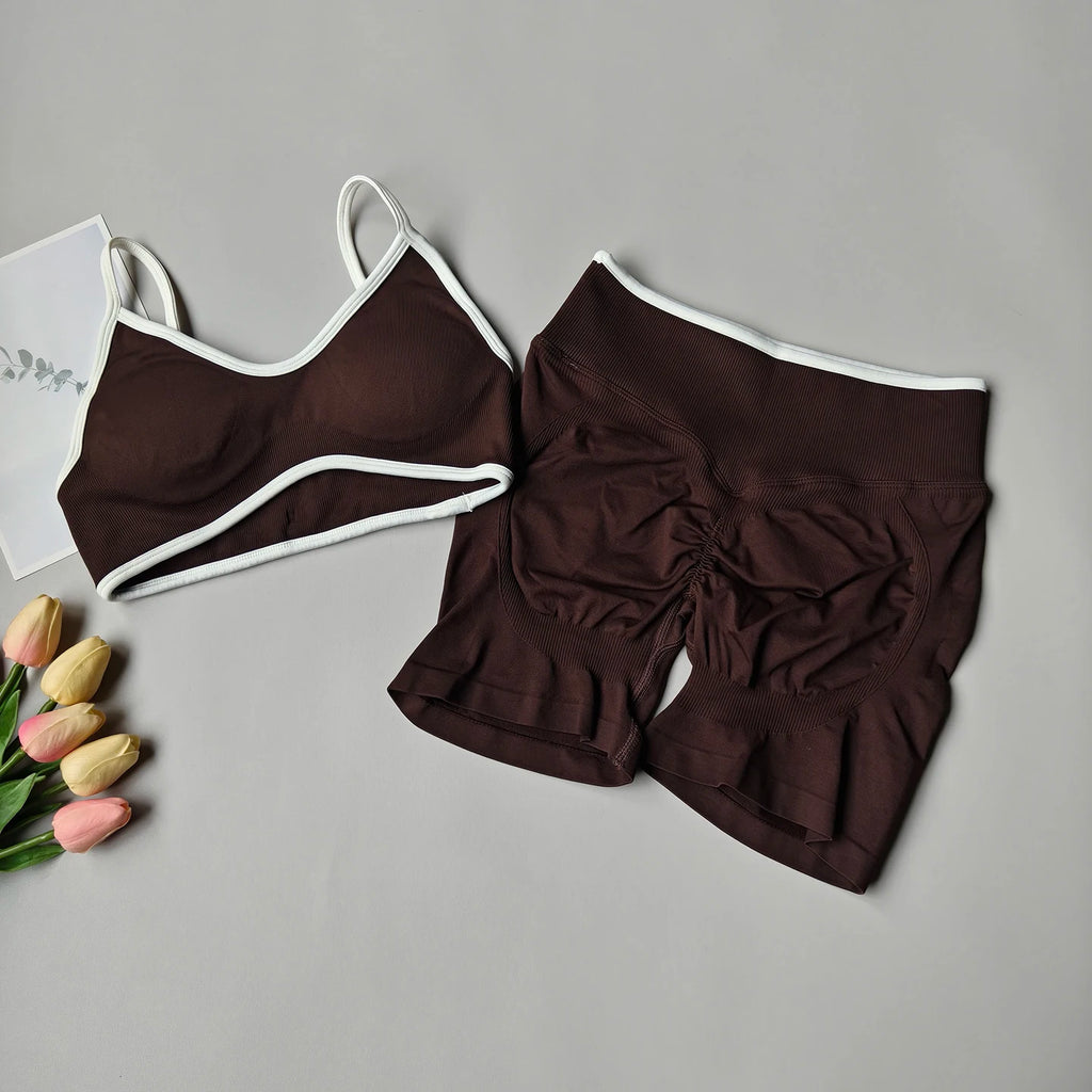 Peach Buttock Yoga Suit Women Gym Seamless Suspender Gathering Bra High Waist Hip Lifting Belly Tightening Shorts Fitness Set - Matrix-studios.com