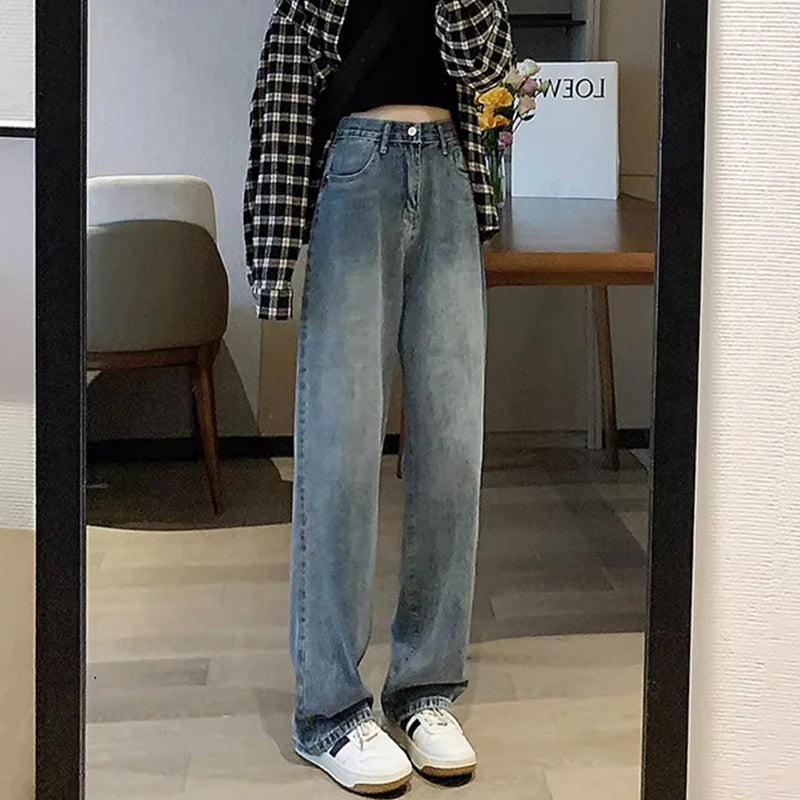 Woman Vintage Wide Leg Jeans Girls High Waist Pants Female Fashion Black Black Grey Retro Blue Light Blue Pink Denim Trousers - Matrix-studios.com