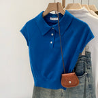 AOSSVIAO Fashion Solid Color Short Sleeve Knit Top 2026 New Summer Navy Polo Collar Women T-Shirt Unique Chic Casual Tee - Matrix-studios.com