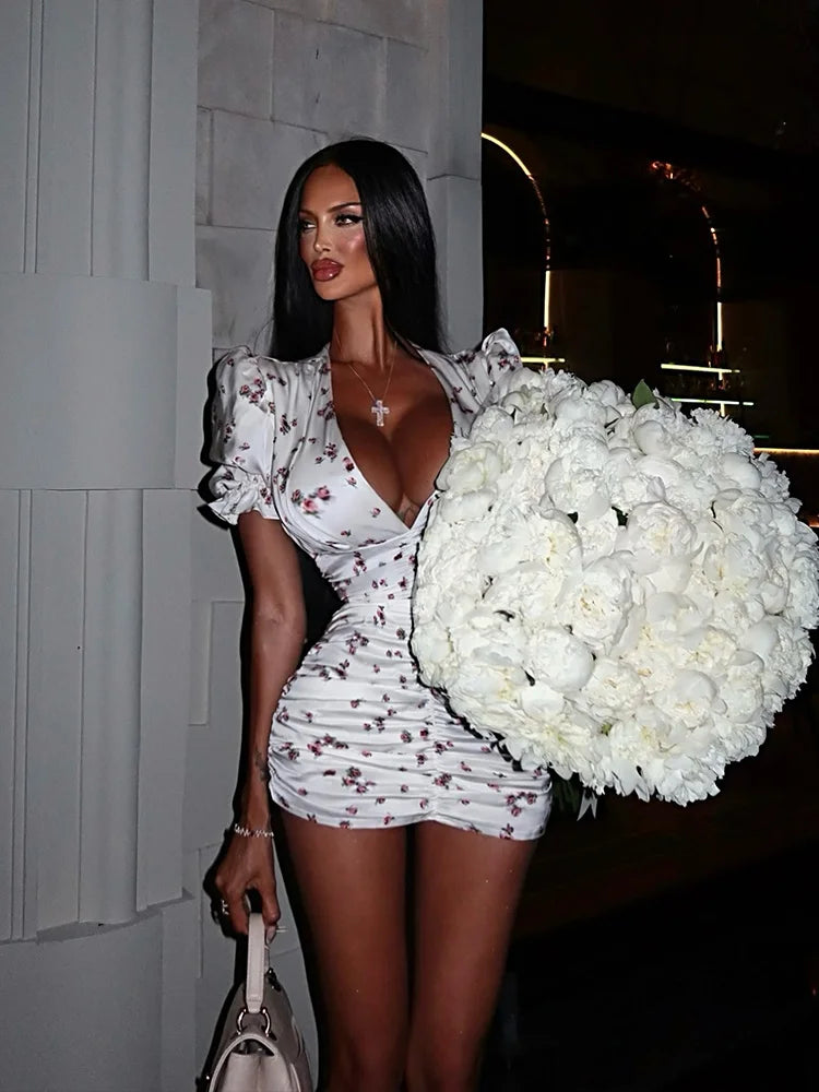 CNYISHE Puff Short Sleeve V Neck Prints Hip Wrap Women Dresses Sexy Club Sheath Fashion Female Bodycon Vestidos Robes Chic Slim - Matrix-studios.com