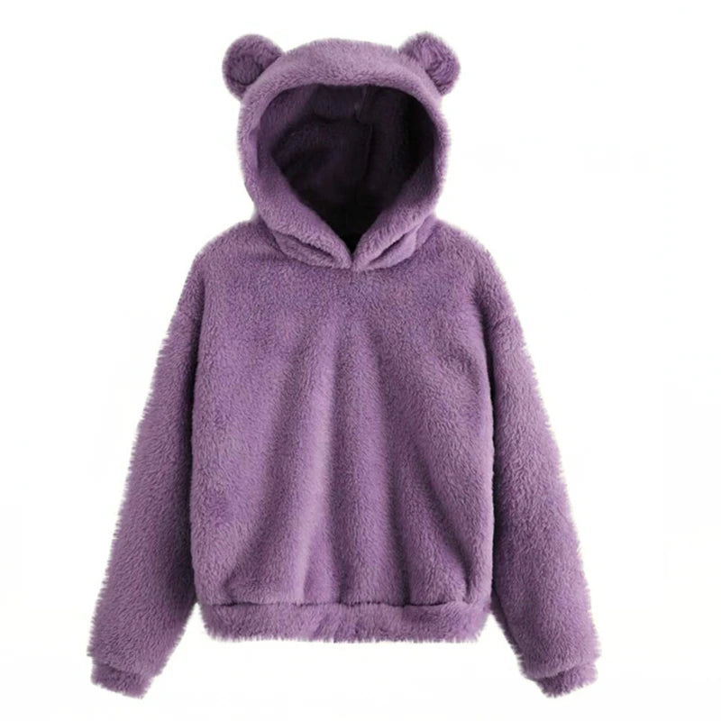 Winter Korean Fashion Bear Ears Cute Loose Hoodie Fluffy Hooded Warm Sweatshirt Long Sleeve Top Solid Pullover Clothes For Women - Matrix Studios