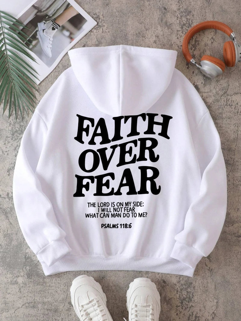 Casual Women's Hoodies Faith Over Fear Letter Printing Sweatshirts Fleece Warm Comfortable Pocket Pullovers Autumn Streetwear - Matrix Studios