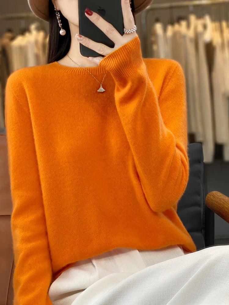 100% Merino Wool Sweater Women O-neck Cashmere Knitwear Female Pullover Autumn Winter Casual Tops Solid Color Soft  Clothing - Matrix Studios