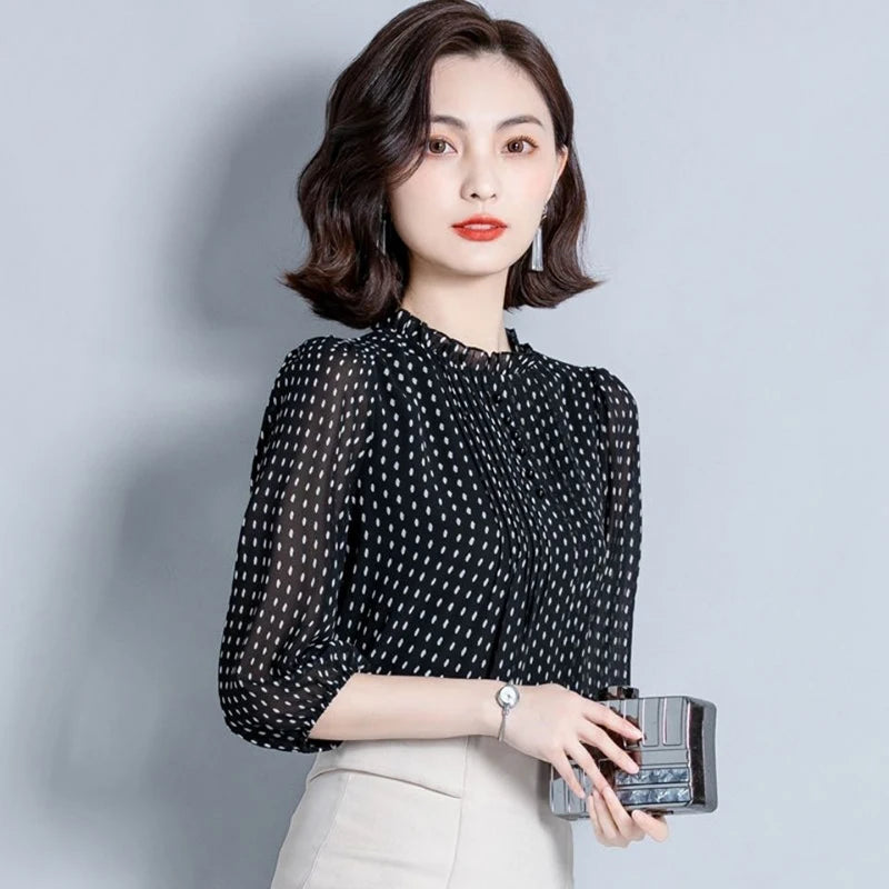 Women Spring Autumn Style Chiffon Blouses Shirts Lady Casual Long Sleeve O-Neck Polka Dot Printed Chiffon Blusas Tops DD8879 - Matrix-studios.com